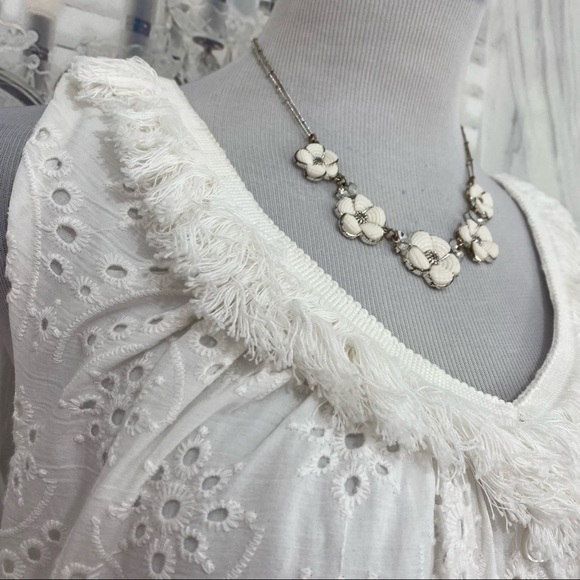 Reba Large Embroidered Dress Pullover Fringe Eyelet Solid White Sleeveless Midi - Picture 4 of 14